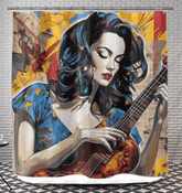 Close-up of Just-A-Guitarist shower curtain fabric featuring guitar illustrations for bathroom decor